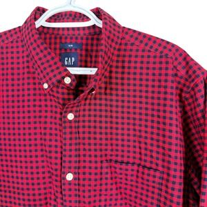 Gap Button Down Shirt Mens L Red Navy Blue Gingham Slim Fit Cotton Long Sleeve